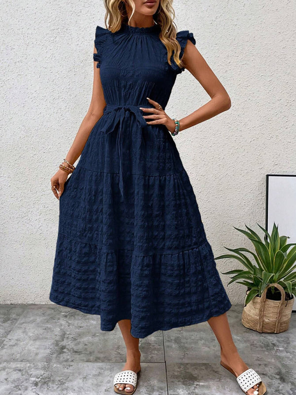 New Fashion Ruffled Flying Sleeve Lace-up Textured Dress - PIXEL WEAR