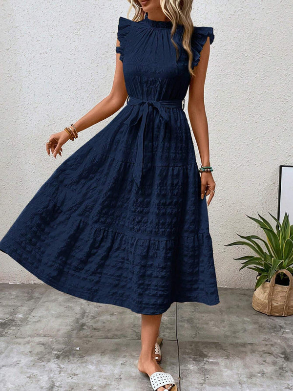 New Fashion Ruffled Flying Sleeve Lace-up Textured Dress - PIXEL WEAR