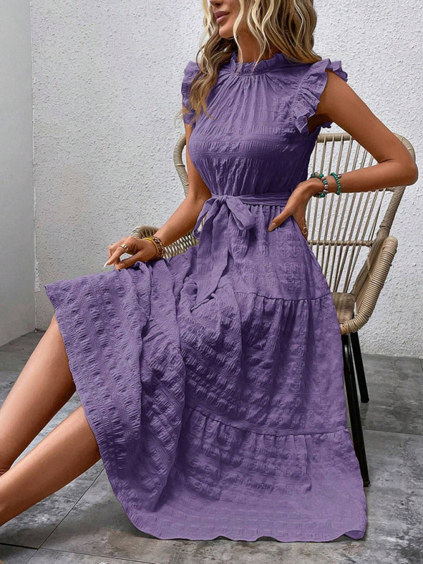 New Fashion Ruffled Flying Sleeve Lace-up Textured Dress - PIXEL WEAR