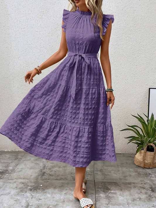 New Fashion Ruffled Flying Sleeve Lace-up Textured Dress - PIXEL WEAR