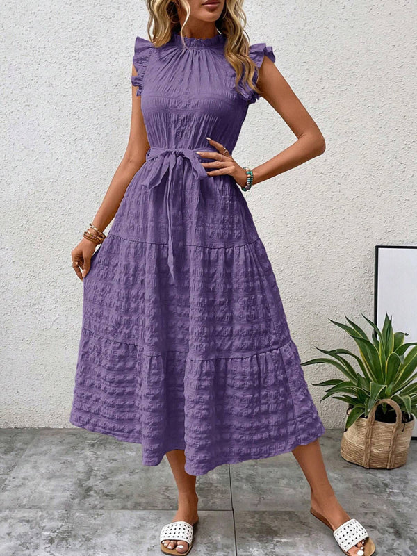 New Fashion Ruffled Flying Sleeve Lace-up Textured Dress - PIXEL WEAR