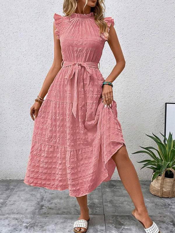 New Fashion Ruffled Flying Sleeve Lace-up Textured Dress - PIXEL WEAR