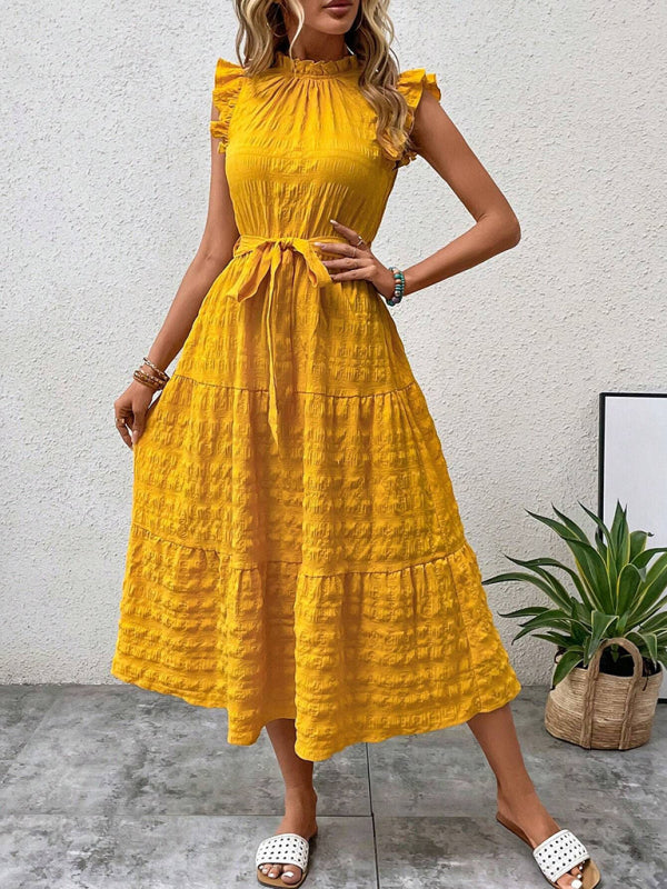 New Fashion Ruffled Flying Sleeve Lace-up Textured Dress - PIXEL WEAR