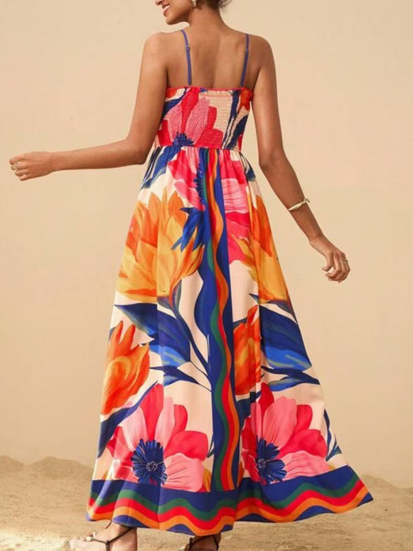 Floral print sleeveless waisted resort dress