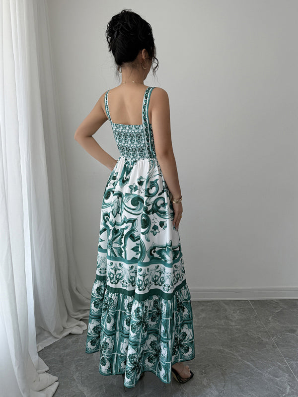 Casual simple suspender printed long dress