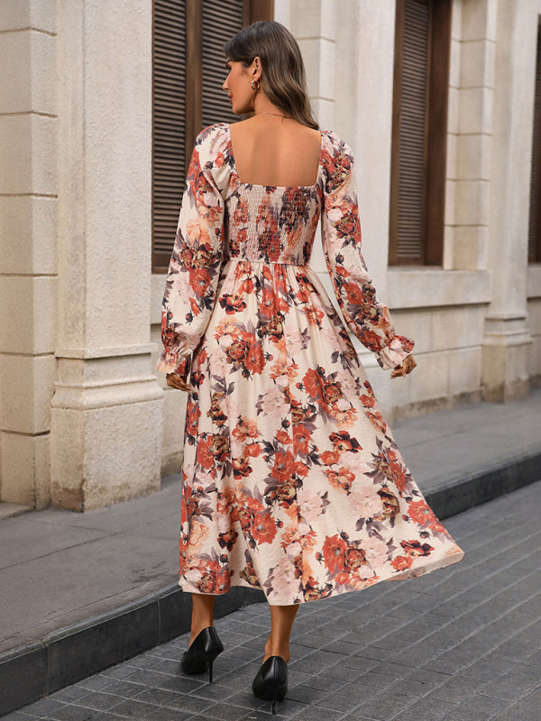 Retro French romantic and elegant printed dress with square neckline and slits