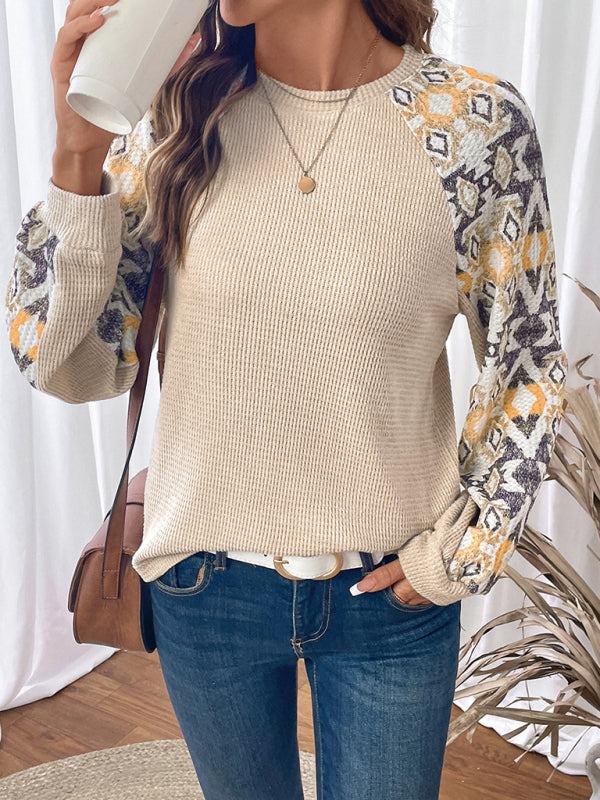 Spliced long-sleeved round-neck ethnic style T-shirt - PIXEL WEAR