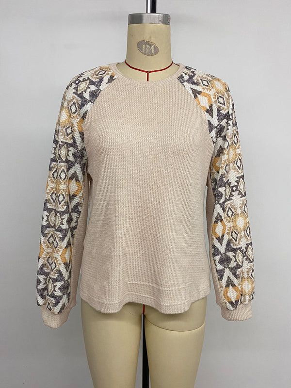 Spliced long-sleeved round-neck ethnic style T-shirt - PIXEL WEAR