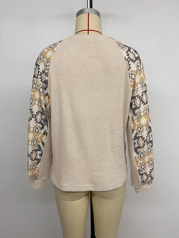 Spliced long-sleeved round-neck ethnic style T-shirt - PIXEL WEAR
