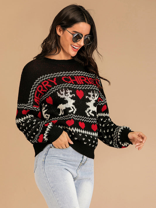 Women's Christmas Reindeer Contrast Crew Neck Jacquard Knit Sweater - PIXEL WEAR