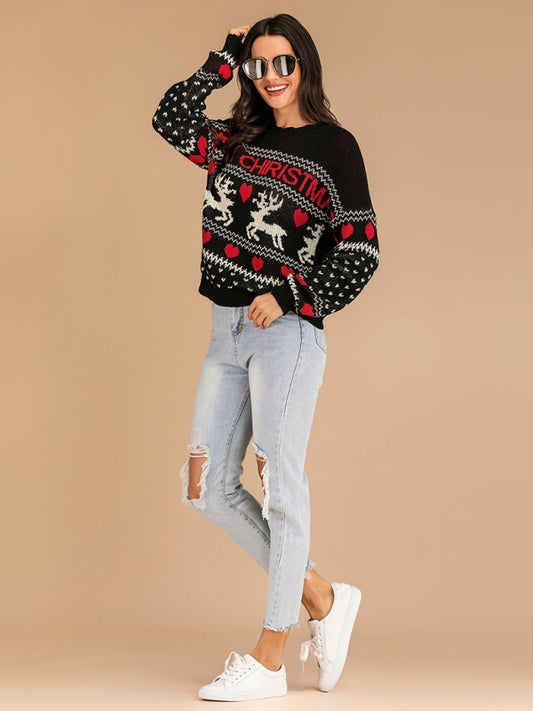 Women's Christmas Reindeer Contrast Crew Neck Jacquard Knit Sweater - PIXEL WEAR