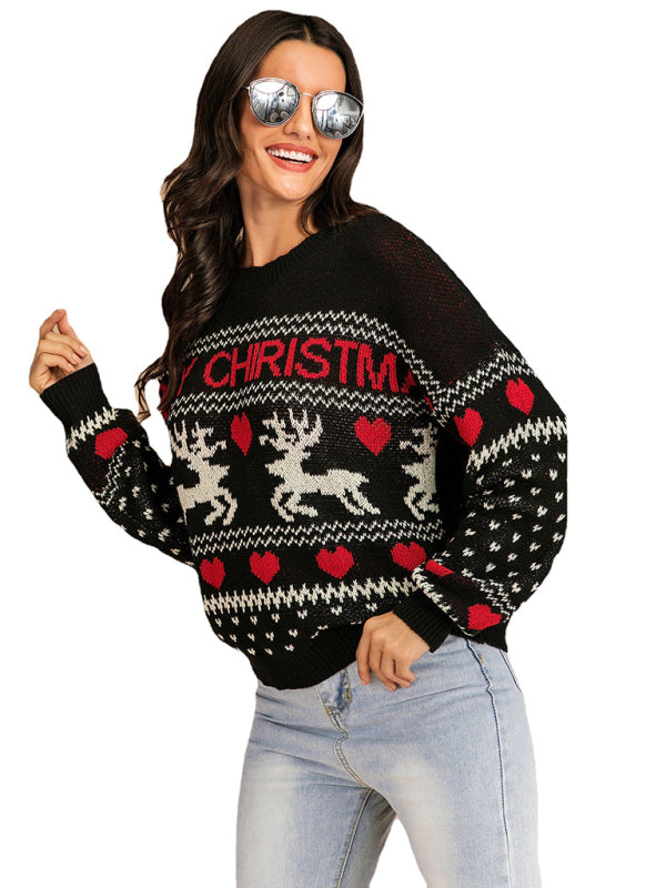 Women's Christmas Reindeer Contrast Crew Neck Jacquard Knit Sweater - PIXEL WEAR