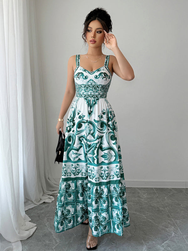 Casual simple suspender printed long dress - PIXEL WEAR LTD