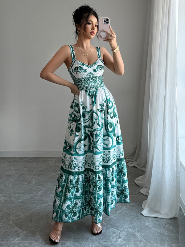 Casual simple suspender printed long dress - PIXEL WEAR LTD