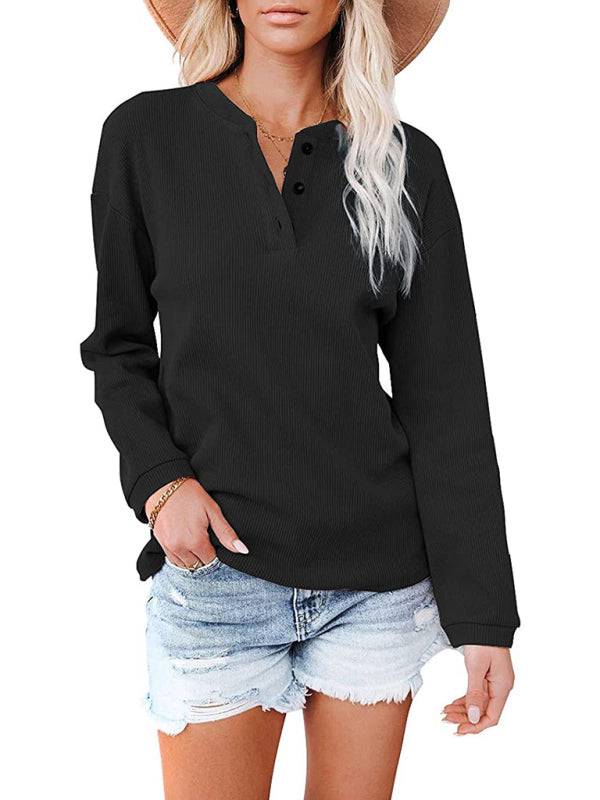 Women's Hot Style V-neck Solid Color Long-sleeved Top T-Shirt Women - PIXEL WEAR
