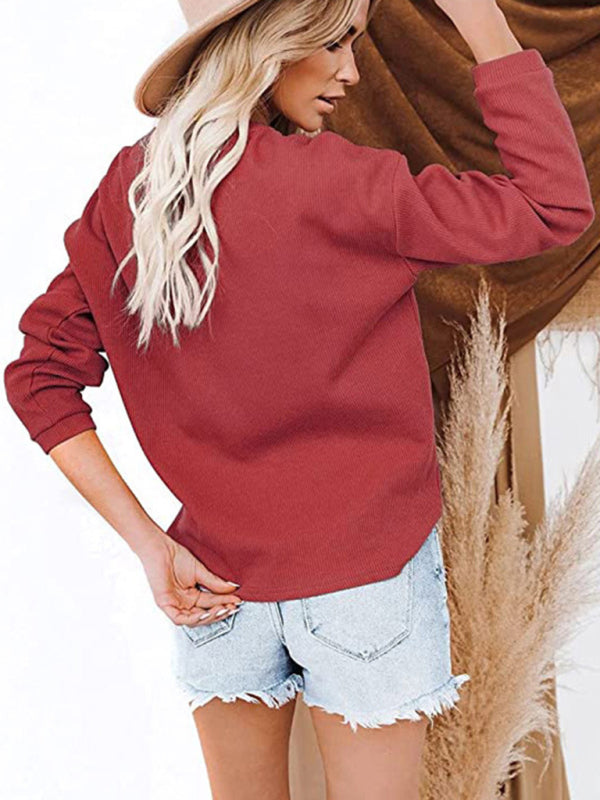 Women's Hot Style V-neck Solid Color Long-sleeved Top T-Shirt Women - PIXEL WEAR
