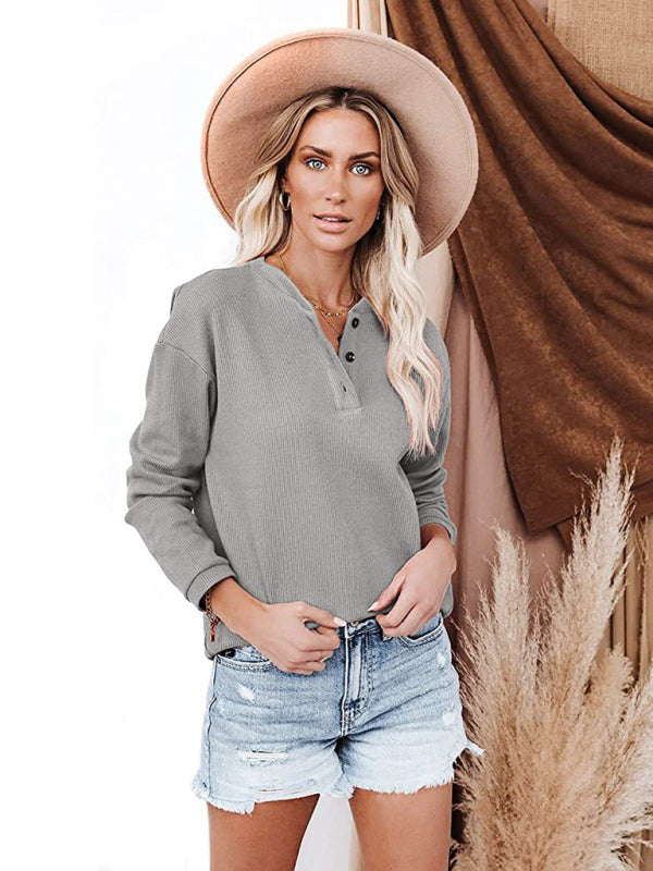 Women's Hot Style V-neck Solid Color Long-sleeved Top T-Shirt Women - PIXEL WEAR