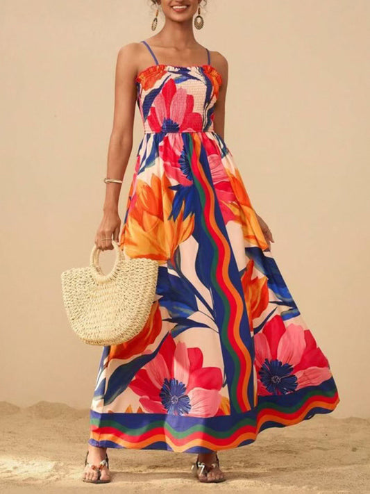 Floral print sleeveless waisted resort dress - PIXEL WEAR LTD