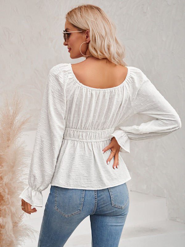 Women's round neck waist solid color lotus leaf sleeve top - PIXEL WEAR LTD