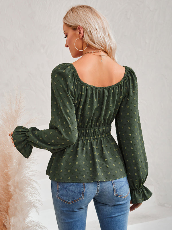 Women's round neck waist solid color lotus leaf sleeve top - PIXEL WEAR LTD