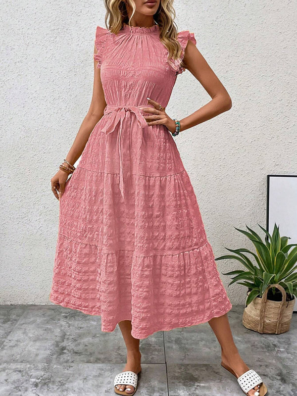 New Fashion Ruffled Flying Sleeve Lace-up Textured Dress - PIXEL WEAR