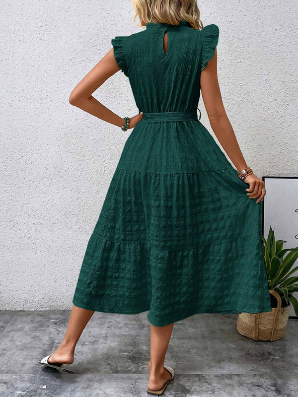 New Fashion Ruffled Flying Sleeve Lace-up Textured Dress - PIXEL WEAR