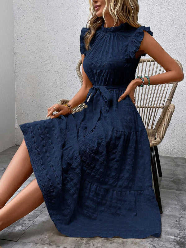 New Fashion Ruffled Flying Sleeve Lace-up Textured Dress - PIXEL WEAR