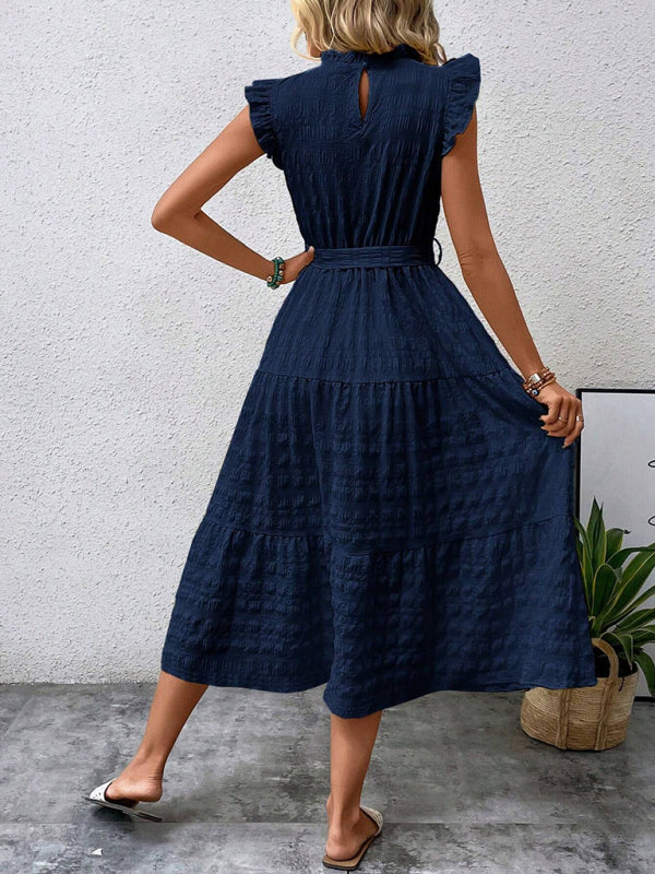 New Fashion Ruffled Flying Sleeve Lace-up Textured Dress - PIXEL WEAR