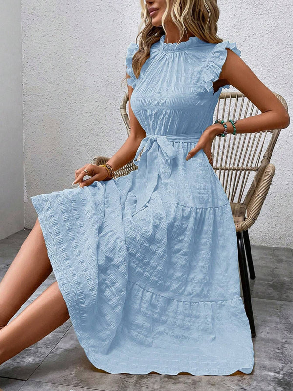 New Fashion Ruffled Flying Sleeve Lace-up Textured Dress - PIXEL WEAR
