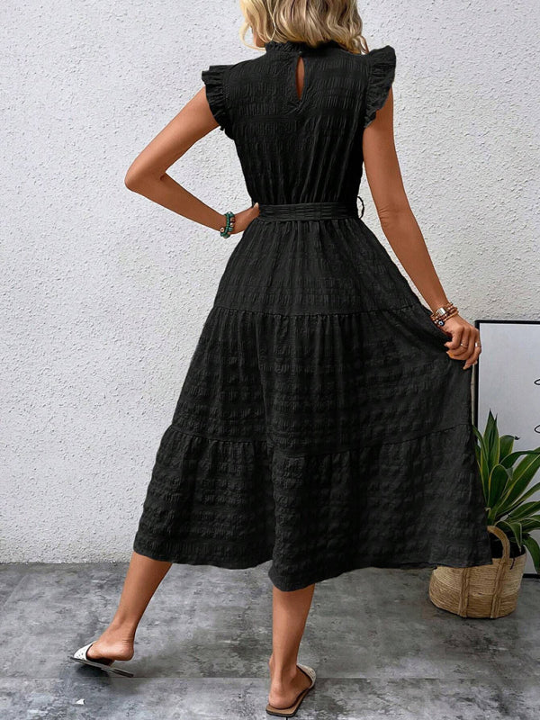 New Fashion Ruffled Flying Sleeve Lace-up Textured Dress - PIXEL WEAR