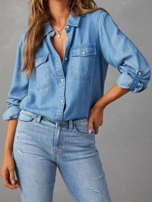 Casual lapel single-breasted long-sleeved denim shirt - PIXEL WEAR