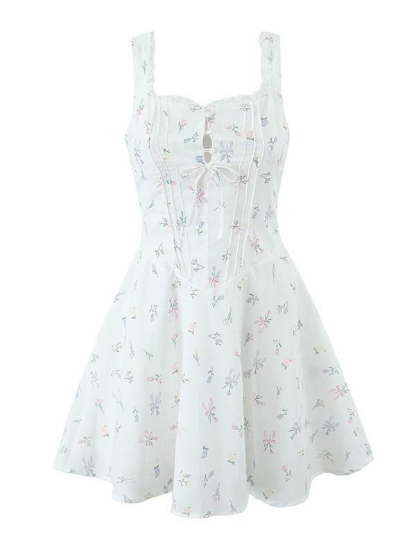 Lace Floral V-Neck Suspender Dress - PIXEL WEAR