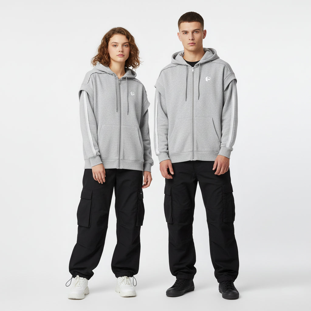 Contrast Tape Raw Edge Double Layered Zip Hoodie - PIXEL WEAR