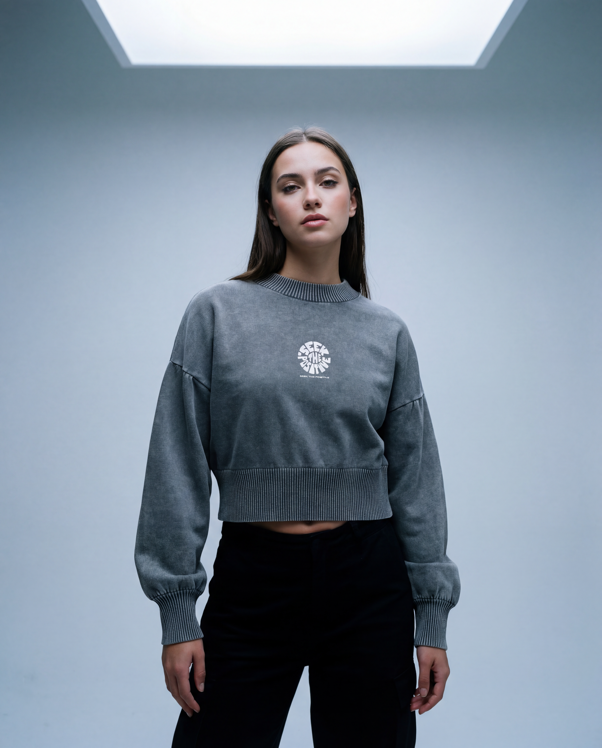 Mineral Wash Balloon Sleeve Cropped Sweater - PIXEL WEAR LTD