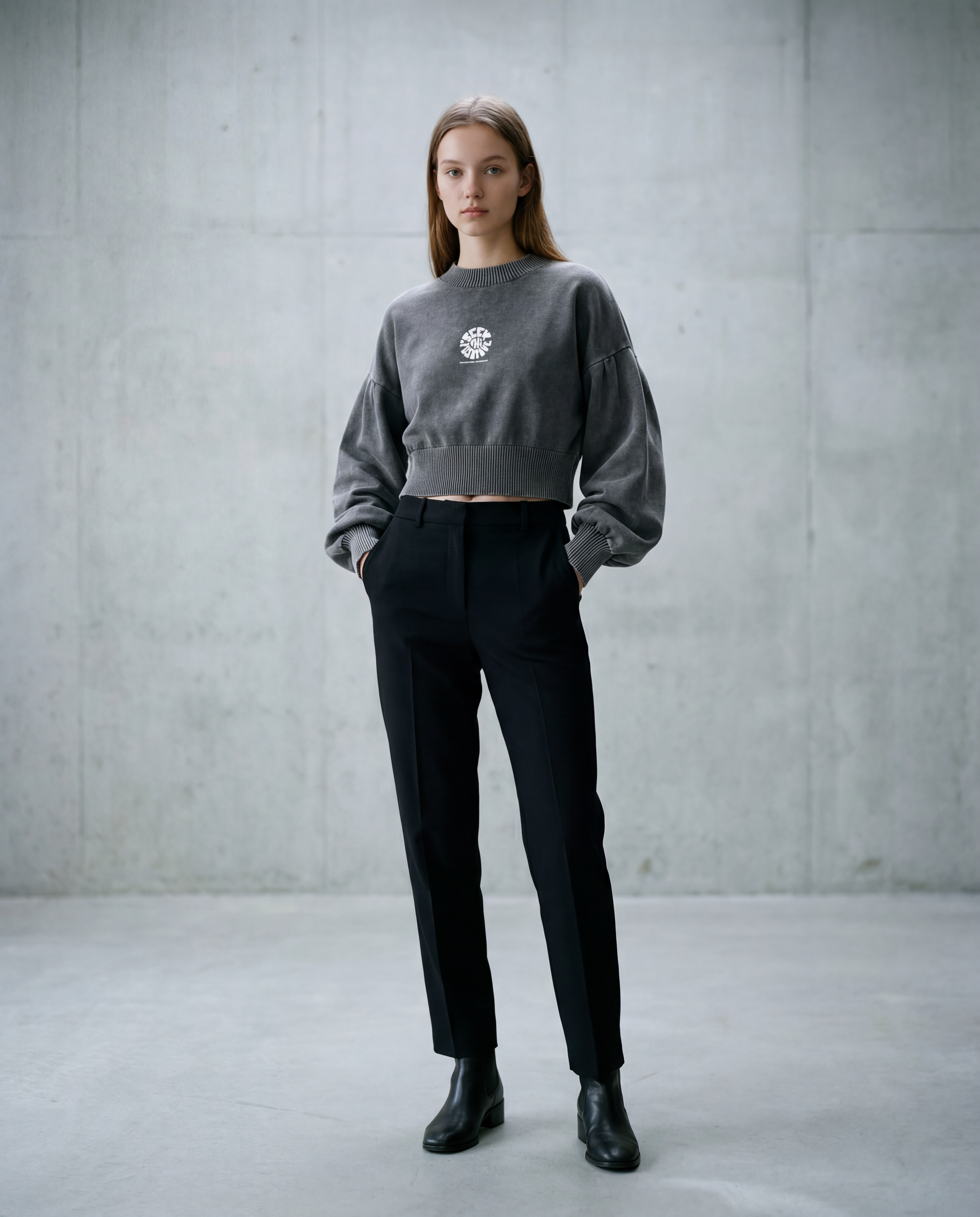 Mineral Wash Balloon Sleeve Cropped Sweater - PIXEL WEAR LTD