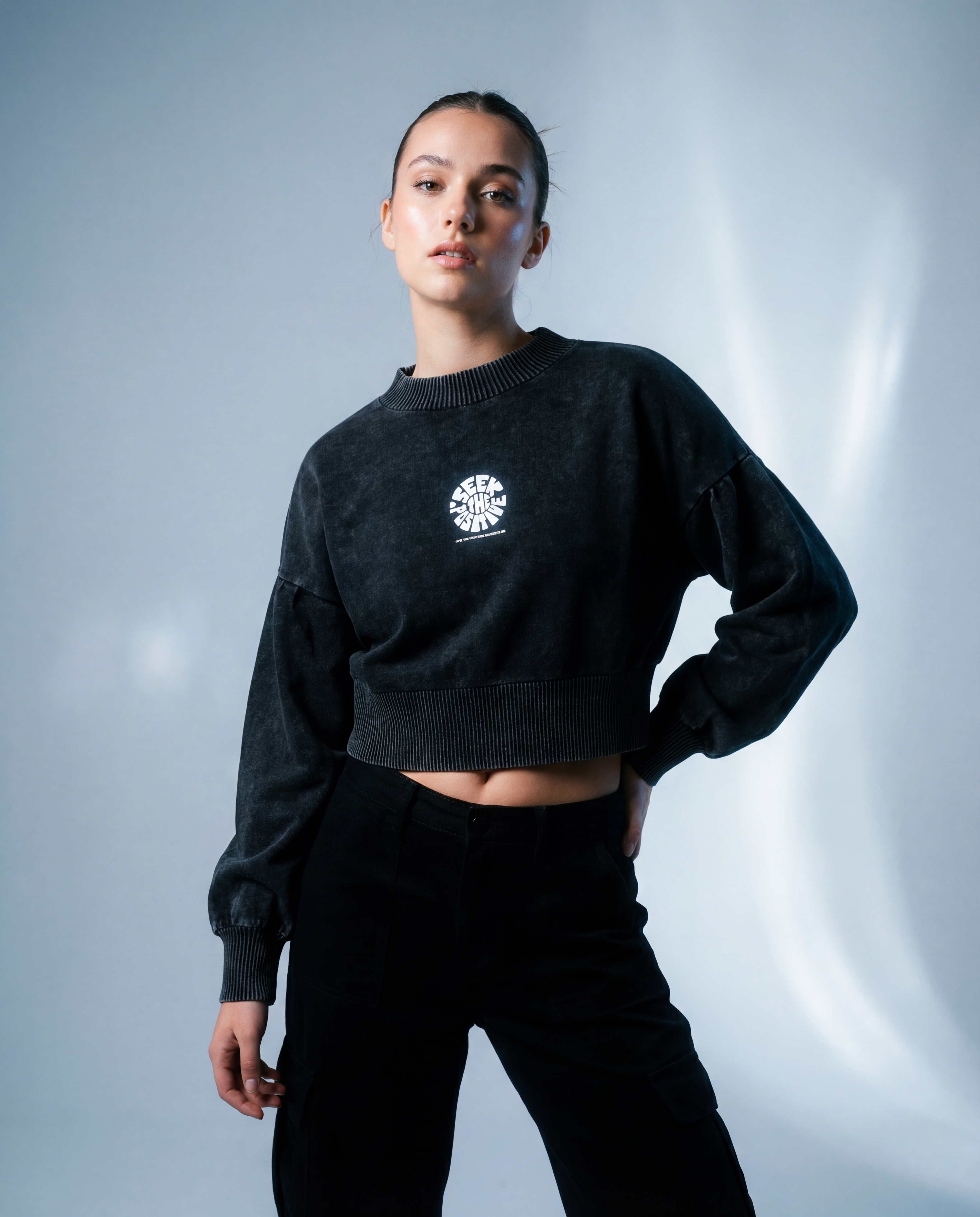 Mineral Wash Balloon Sleeve Cropped Sweater - PIXEL WEAR LTD